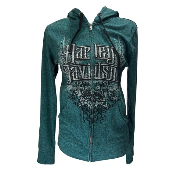 Harley Davidson Tops - Harley Davidson Women Teal Heathered Rhinestone Wing Logo Zip Hoodie M